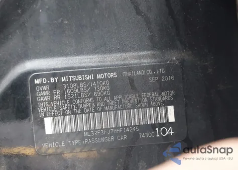 2017 Mitsubishi Mirage G4 Es from USA, damaged, VIN ML32F3FJ7HHF14245